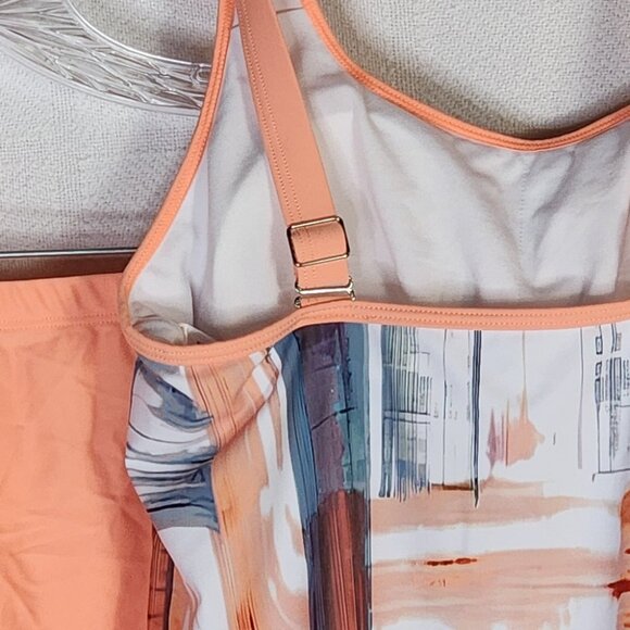 Rotita Peach Grey White Geo Print Poly Elastan Double Adj Strap Tankini Set Sz S - Picture 9 of 16